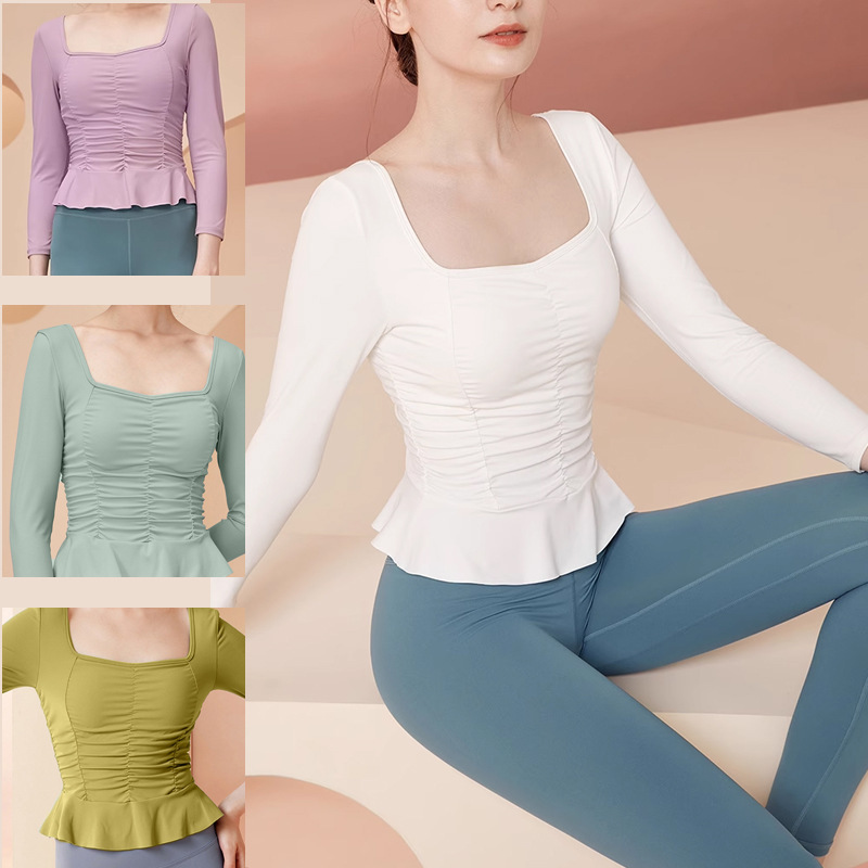 Yoga Clothes, Long-Sleeved Women's Fitness Clothes, Slim-Fitting Outdoor Sports and Leisure Tops with Chest Pads, High-Elastic Sportswear