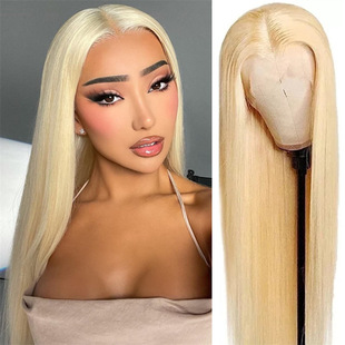 Tiktok Hot Selling European and American Wig Women's Light Golden Mid-length Straight Hair wigs Chemical Fiber Wig Headgear Overseas Hair