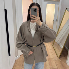 欧美跨境女装2025秋季新款羊绒开衫女宽松翻领长袖针织毛衣外套