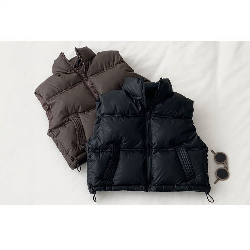 Children's Thickened Down Cotton Vest, Autumn and Winter Style, Boys' and Girls' Stand-up Collar Vest, Warm Coat, Solid Color Trendy Style