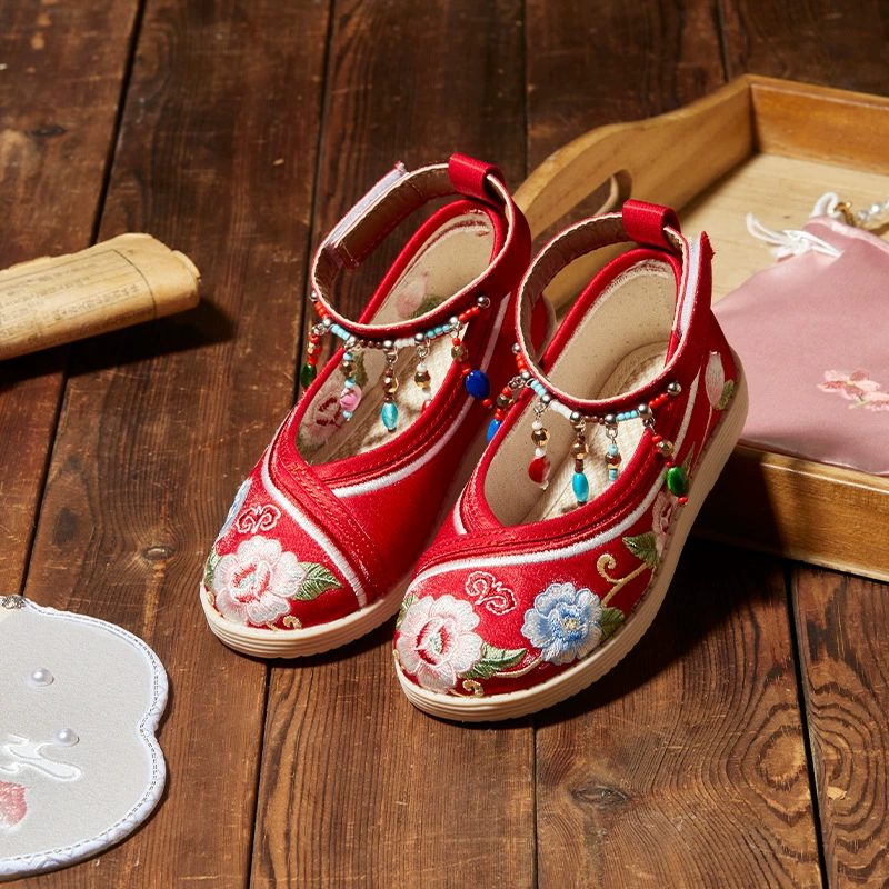 Детские туфли-ханфу на-slip-on D3680, вышивка цветочная, ремешок вокруг щиколотки, 15,2–23 см