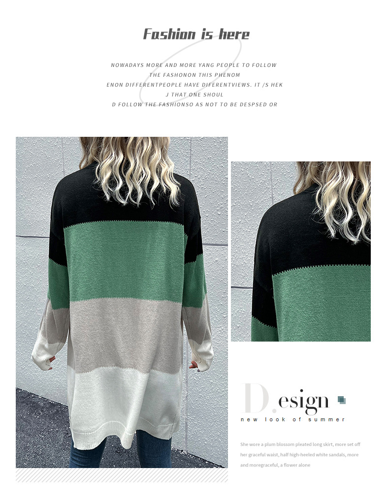 Cardigan maglione a maniche lunghe a blocchi di colore a righe_voghion.com