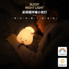 呆萌猪硅胶感应小夜灯创意 LED呼吸炫彩灯充电卡通儿童定时伴睡灯