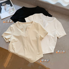 060503 春夏新作 レディース Vネック ショート デイリー 万能 カジュアル ストレッチ スリム 通勤 スレッド Tシャツ