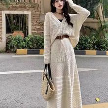 法式小香风钩花针织衫半身裙两件套秋季新款镂空韩系连衣裙女套装