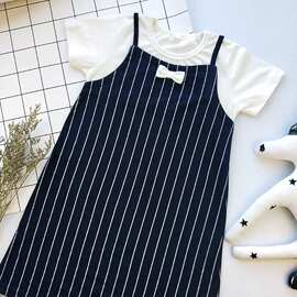 26夏西*屋现货女童夏季休闲简约拼接假两件现货竖条短袖连衣裙