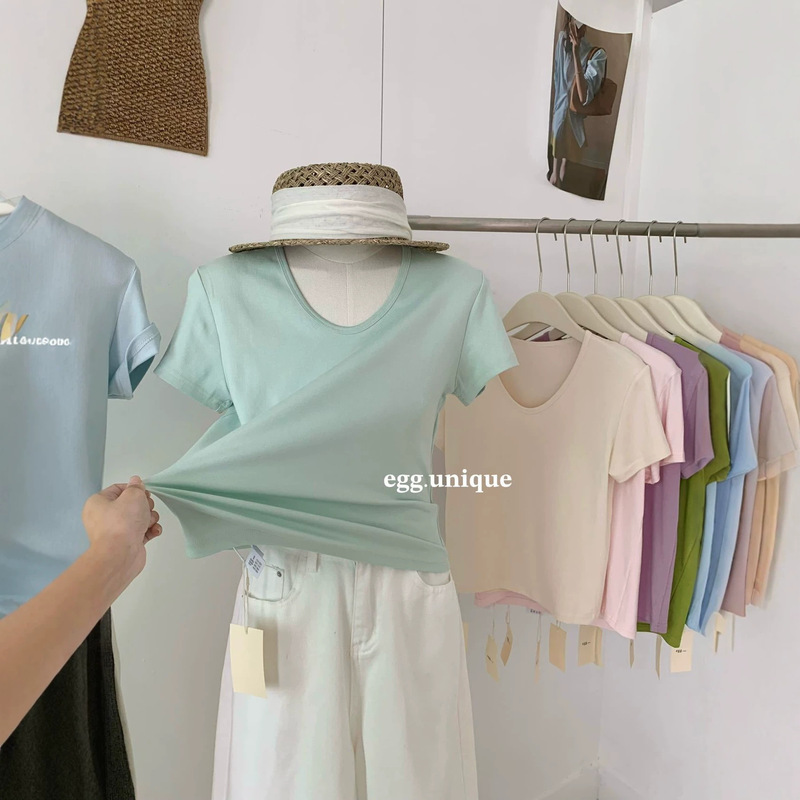 Egg.Unique Minimalist Ice-Feel T-Shirt for Women Summer Thin White Lazy Short-Sleeved Women's Casual V-Neck Loose Pure Color T-Shirt- Egg.Unique Minimalist Ice-Feel T-Shirt for Women Summer Thin White Lazy Short-Sleeved Women's Casual V-Neck Loose Pure Color T-Shirt-