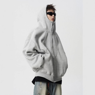 American Heavy Deconstruction Hooded Jacket Men's Winter Fashion Brand Design Sense Stitching Sweater High Street fleece-lined Couple Hoodie