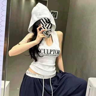 新款潮流女装美式复古字母印花连帽背心时尚修身显瘦百搭无袖上衣