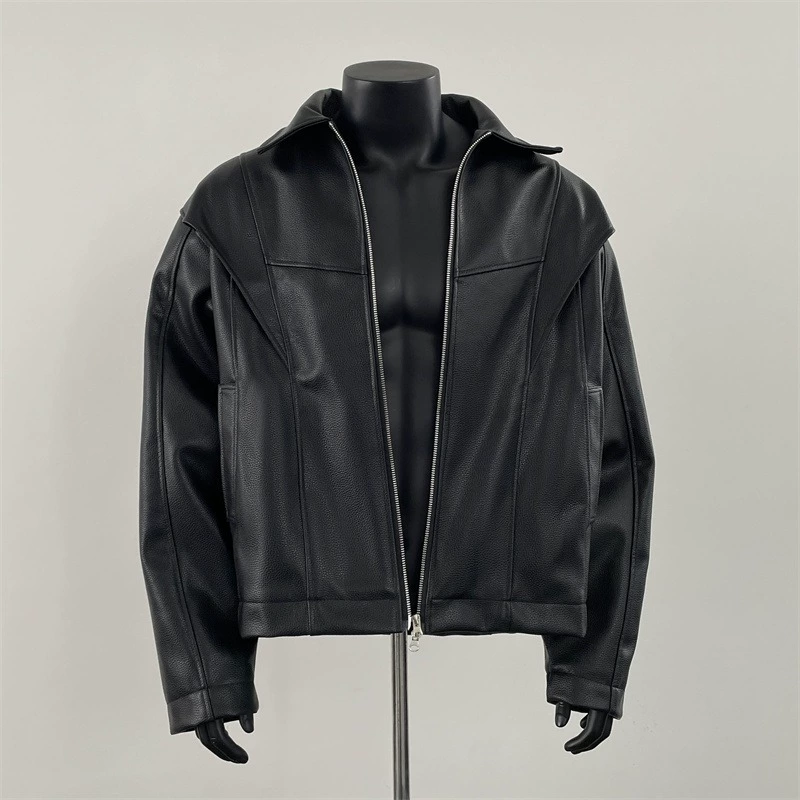 Black short demi-season polyurethane jacket, American style, high-quality style