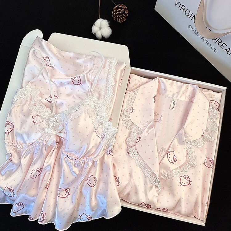 Berry Pink Kitty Ice Silk Pajamas Women's Summer Short-Sleeved Four-Piece Set Sweet and Cute Thin Silk Home Clothes Set