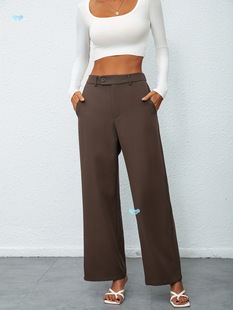 Women's Stylish Solid Color Wide Leg Pants with Button Cross-Border