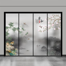 夹胶双层钢化玻璃厨房推拉门阳台移门厕所平开门中式风格花鸟