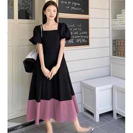 跨境韩国chic夏季新款小众设计方领拼色连衣裙高腰显瘦泡泡袖裙子