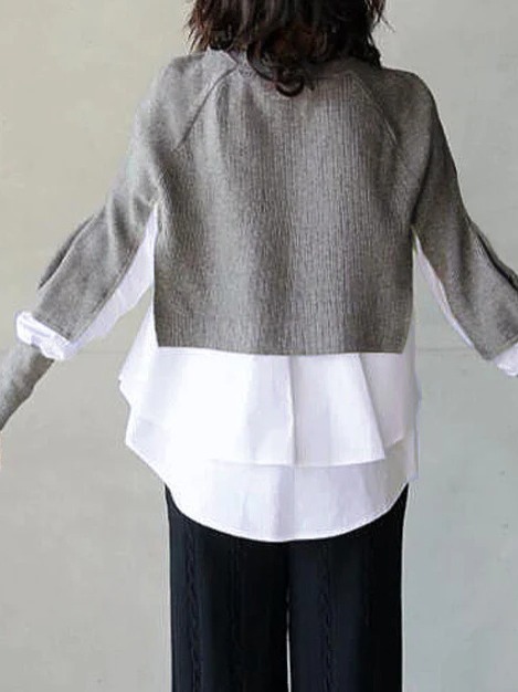 Suéter de Punto de Manga Larga con Cuello Redondo, Estilo Europeo y Americano, Nuevo Otoño/Invierno 2025, Marca Independiente Transfronteriza, Diseño de Dos Piezas Falsas con Parches, Venta al Por Mayor