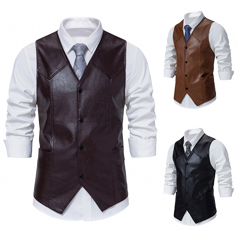 亚马逊男士复古V领单排扣机车马甲男式欧码纯色商务PU皮马夹批发