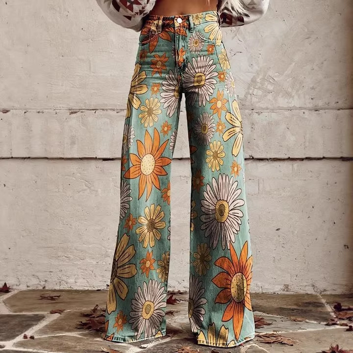 Amazon Bohemian Cross-Border American Retro Digital Print Loose High-Waisted Jeans Wide-Leg Casual Pants