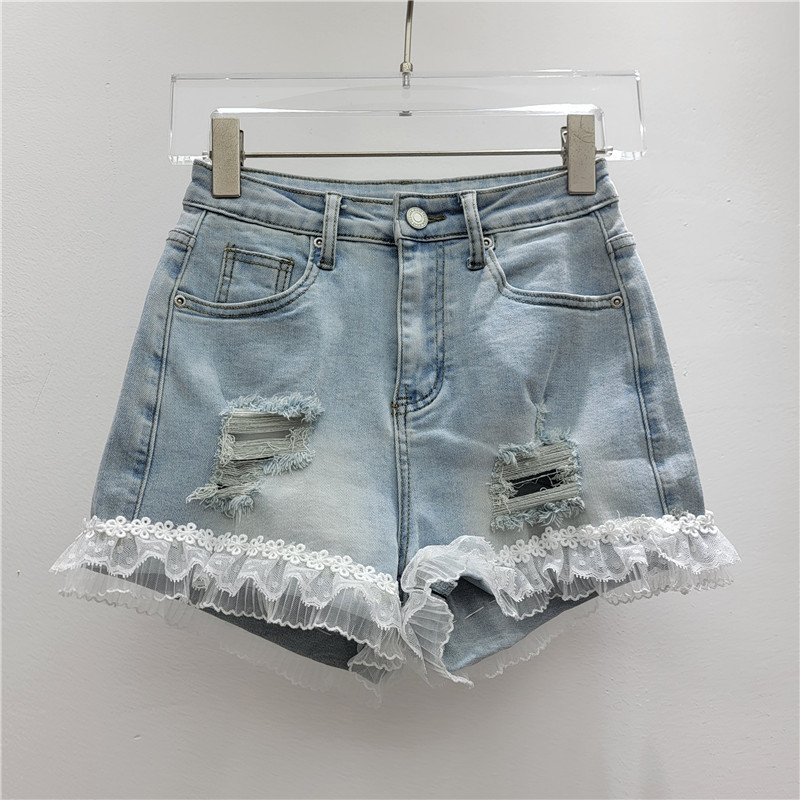 Pantalones Cortos de Mezclilla con Encaje Ligeramente Elásticos image 1