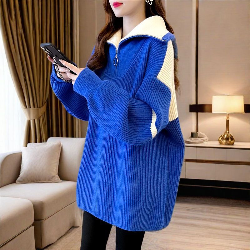 Spring and Winter New Style Thickened Mid-Length High-Neck Sweater for Women, Super Stylish Color-Blocking Lazy Style Loose Top for Outerwear