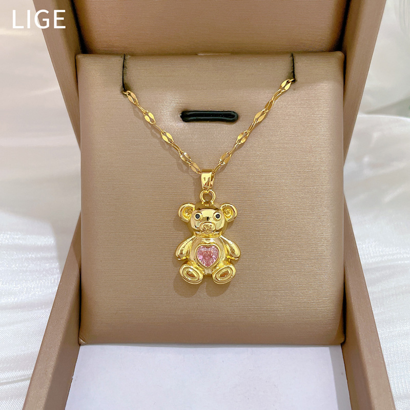 Gorgeous Pink Bear Necklace Full Diamond Luxury Temperament Chain_voghion.com