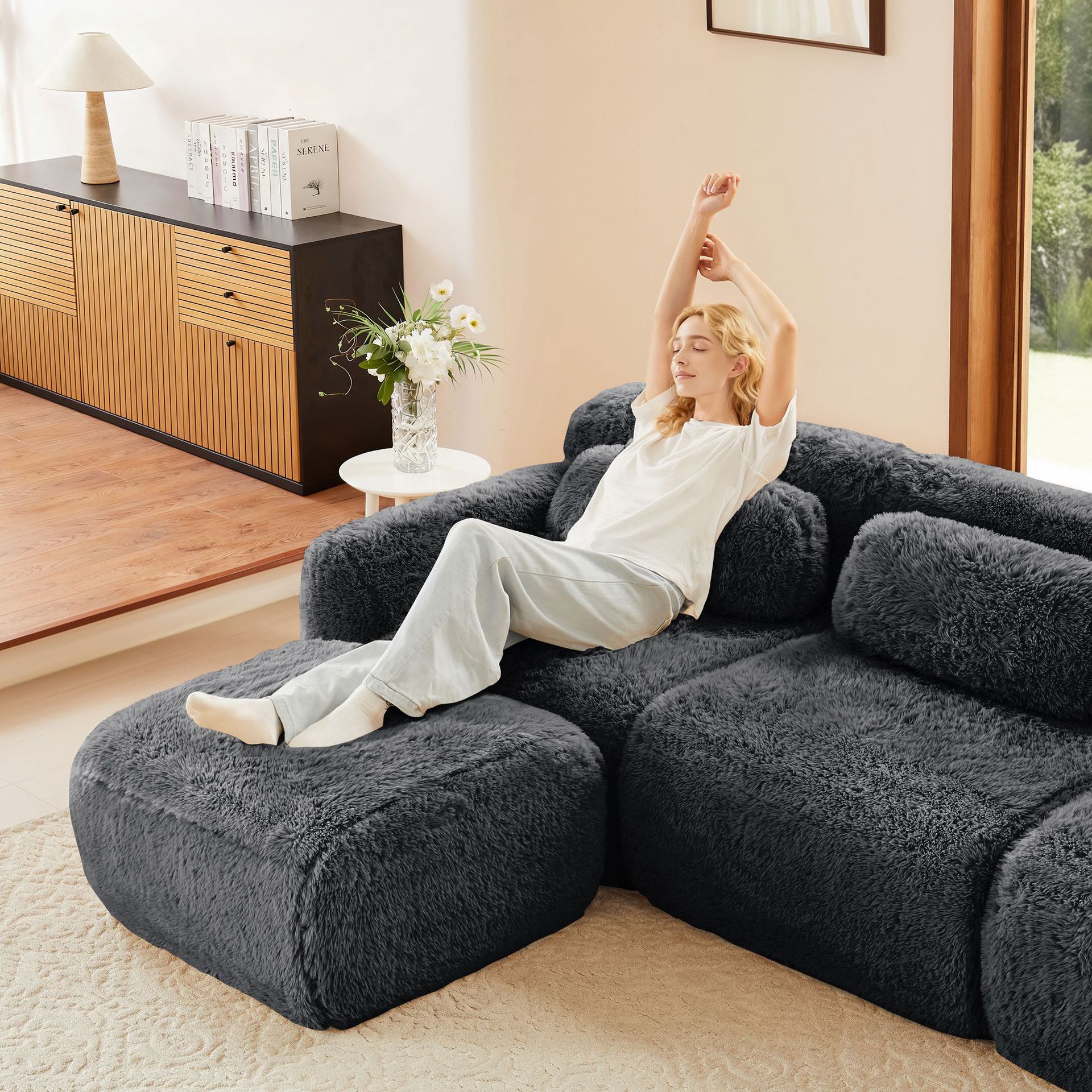 Sofá de tela nórdica retro cordero cachemire estilo de viento crema sala de estar pequeño diseñador sofá de tres personas