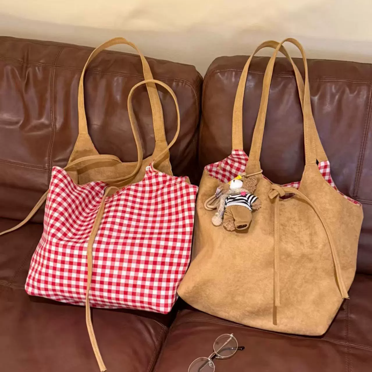 加厚双面格子大容量麂皮绒通勤包包女2025秋冬新款高级旅行单肩包