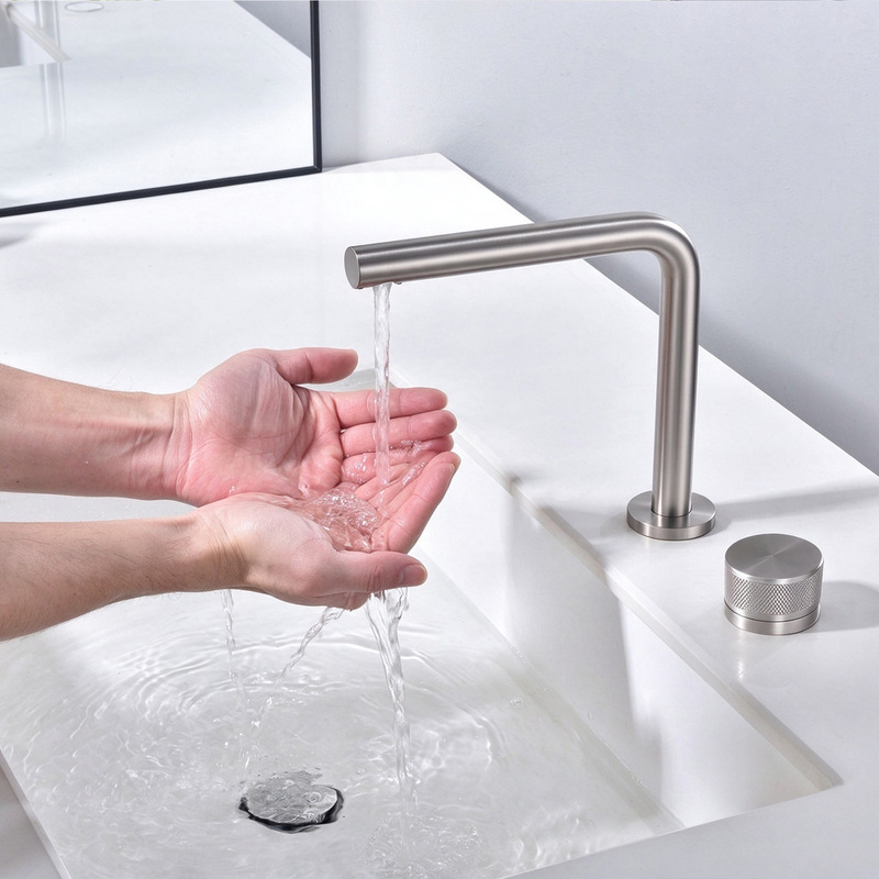 Split-type double-hole basin faucet for bathroom sinks, with a rotating spout; widely used for countertop sinks, providing both cold and hot water Split-type double-hole basin faucet for bathroom sinks, with a rotating spout; widely used for countertop sinks, providing both cold and hot water