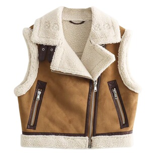 Autumn and Winter new retro lapel oblique zipper cotton vest loose warm vest European and American contrast color sleeveless small top