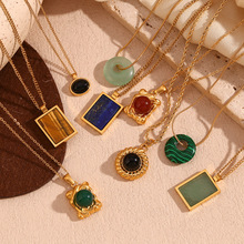 欧美ins时尚复古流行天然石项坠不锈钢镀18K金几何圆形麻花边项链