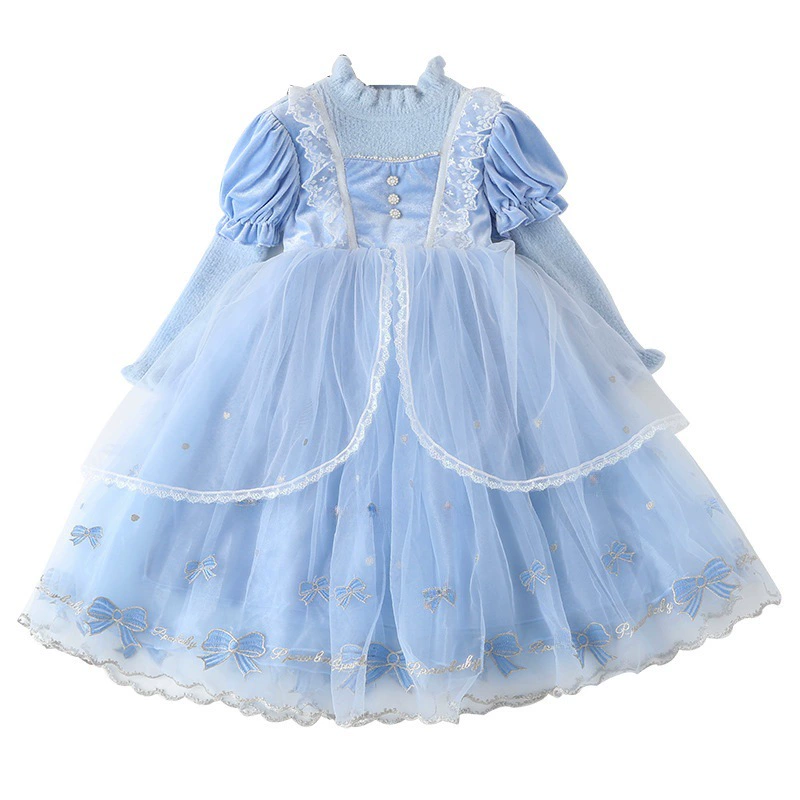 Woolen dress, demi-season girl's skirt, velvet warm small princess costume, Lolita style