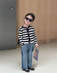 2023春季新款童裝 女童韓版條紋針織毛衣 短款修身毛衣外套
