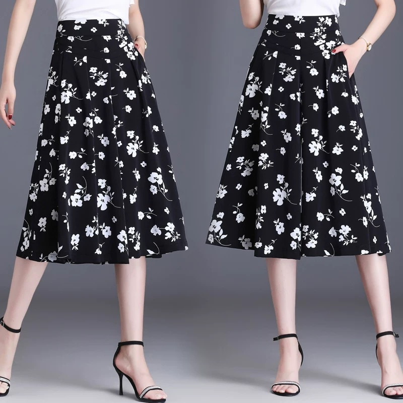 Foreign Trade Cross-border Floral Cropped Wide-leg Pants Women's 2024 New Arrival Loose Slimming Ice Silk Chiffon Casual Big-leg Pants