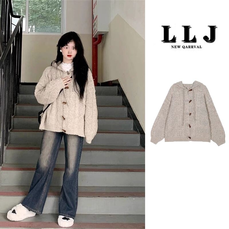 Korean Style Hooded Twist Horn Button Knitwear Knitwear Cardigan Women's Autumn and Winter New Thickeneded Lazy Style Loose Jacket