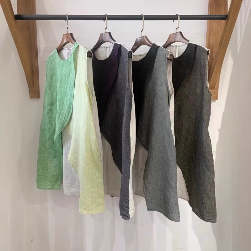 Irregular Front Slit Linen Top for Women, Spring and Summer Japanese Style Loose Versatile Color-Blocked Shirt, Women's Linen Shirt