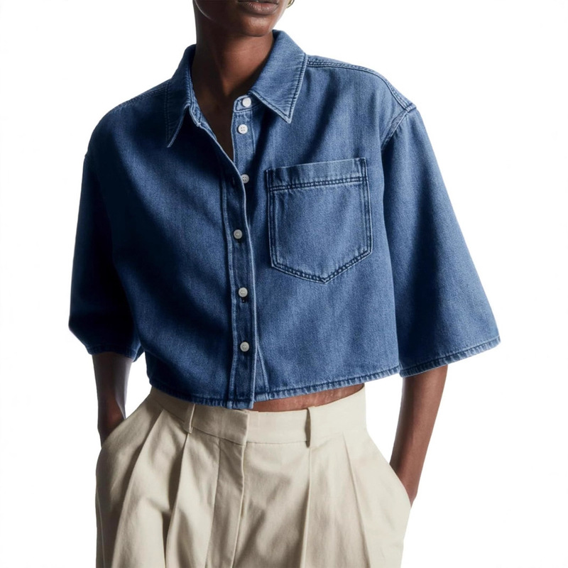 Cross-Border Temu European and American Amazon Women's Cropped Denim Shirt with Button-Down Short Denim Jacket with Pockets
