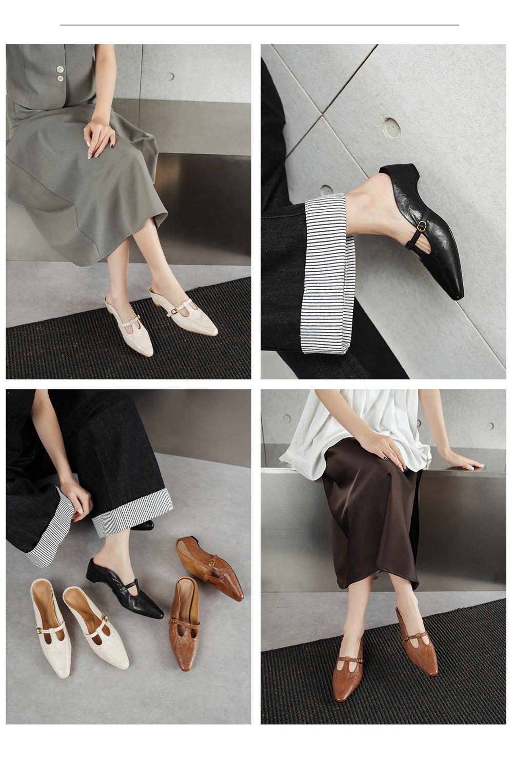 Dép mule nữ da cừu mũi nhọn quai chữ T gót thấp — đen chi tiết 2