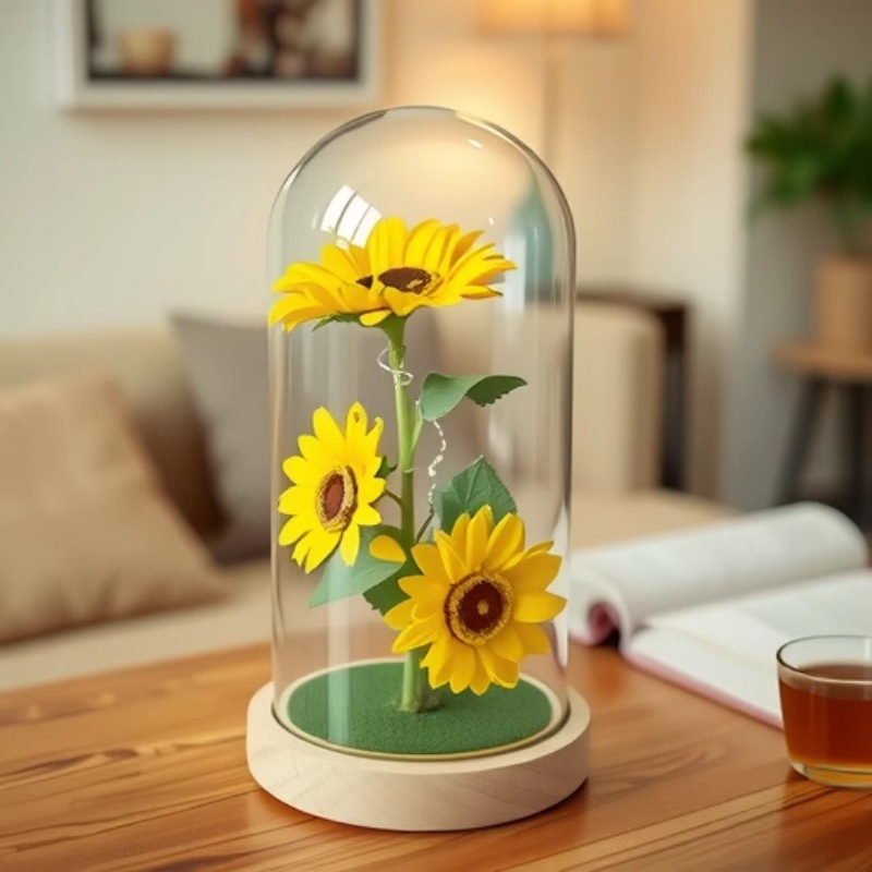 Regalos navideños Fragrant Sun Kwai haz de vidrio cubierta pequeña fragancia rosa flor con luz flor artificial regalo de cumpleaños de San Valentín