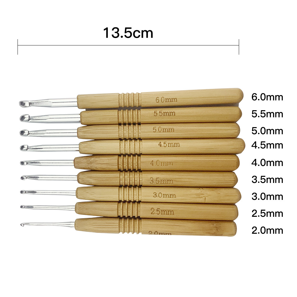 Herramienta de tejer suéter aguja nueva cilíndrica mango de bambú de aluminio crochet conjunto de 9 piezas 2. 0mm-6.0 mmvc embalaje