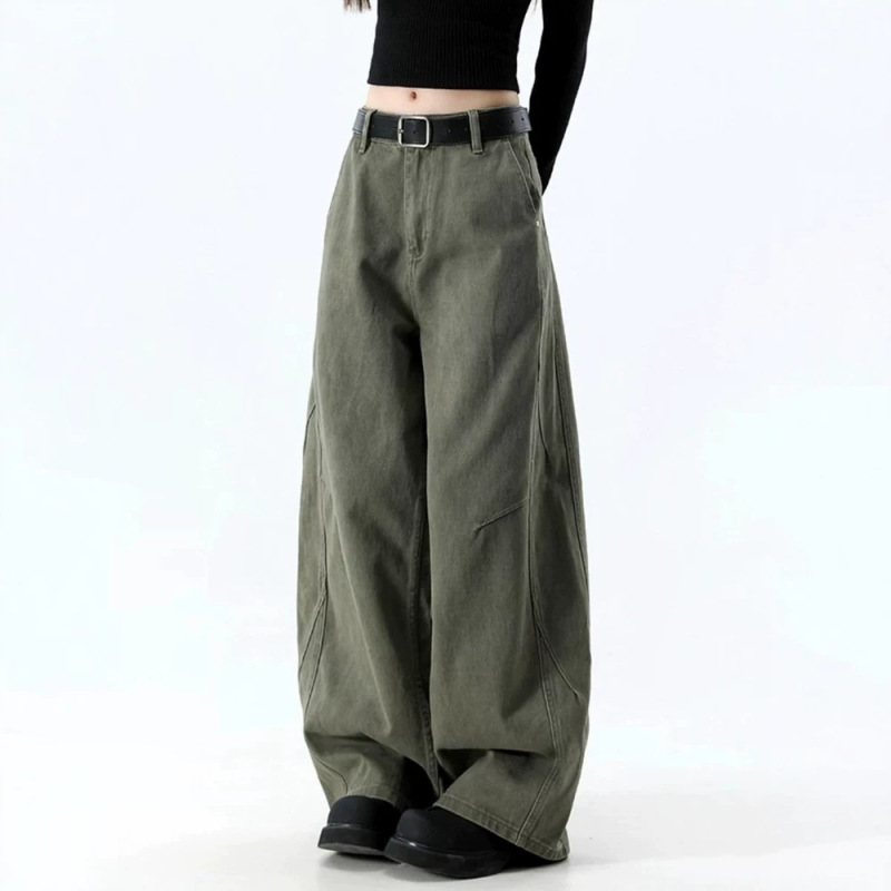 American-style retro military green solid-color wide-leg jeans, unisex, autumn collection, couple design, with a stylish slanted cut and workwear-inspired design