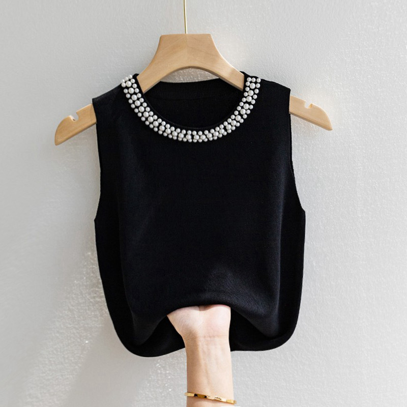 Camisole Women's White Sleeveless Bottoming Shirt Spring & Fall Style with Suit Beading Small Fragrant Style Knitted Knitwear Top Camisole Women's White Sleeveless Bottoming Shirt Spring & Fall Style with Suit Beading Small Fragrant Style Knitted Knitwear Top