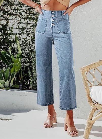Jeans de Tiro Alto y Pierna Ancha para Mujer de Algodón con Bolsillos image 8
