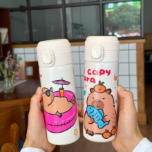 新款304不锈钢卡皮巴拉高颜值保温杯学生卡通水杯便携吸管批发