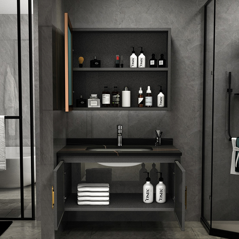 Shiqi Placa de roca espacio gabinete de baño de aluminio combinación de baño lavabo gabinete mesa de lavado espejo Gabinete integrado lavabo gabinete