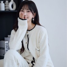 睡衣女秋冬开衫软绵绵半边绒家居服雪尼尔珊瑚针织睡衣套装可外穿