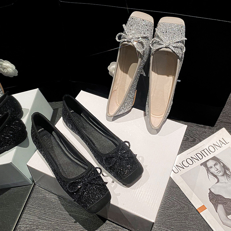 Flat-soled Temperament Lady Scoop Shoes French Silver Women's Shoes Sequined Square Head Shallow Mouth Single Shoes Female Bow