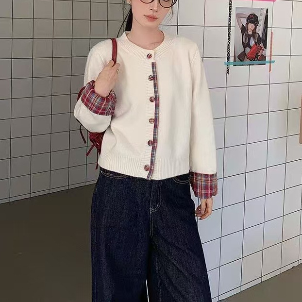 假两件韩系圆领拼接格子毛衣2025外套秋冬女装针织开衫宽松休闲|undefined