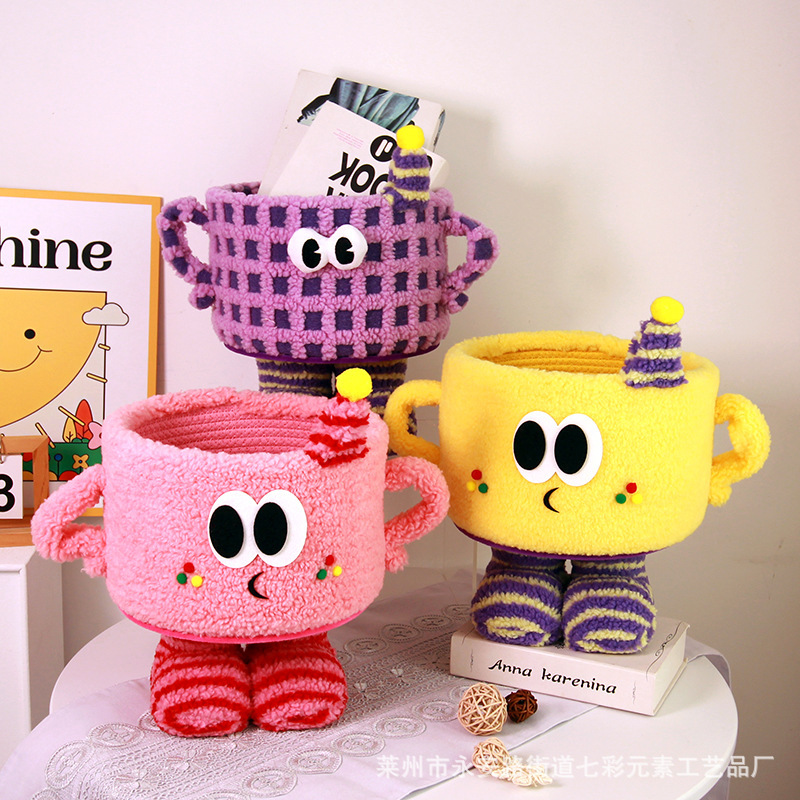 Cartoon Big-Footed Little Monster Storage Basket, Flower Arrangement Snack Box, Trendy Dopamine Hug Bucket, Woven Organizing Basket