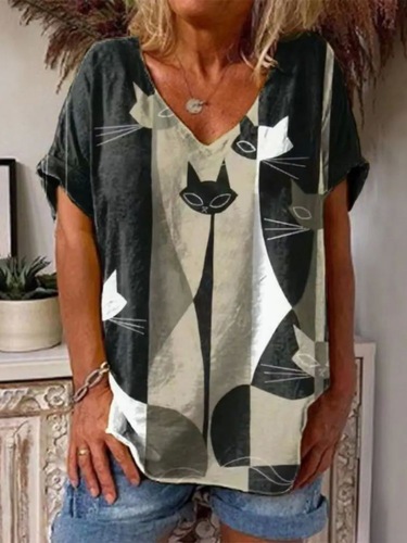 V-neck casual loose print T-shirt for women