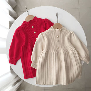 Girl's Puff Sleeve Sweater Dress Autumn and Winter Western Style Red Princess Pleated Dress Chanel Style Baby's Knitted Dress Trendy