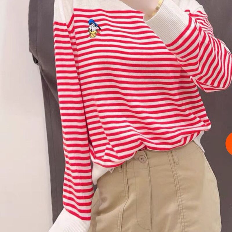 European New Style Inside and Outside Wear Donald Duck Embroidered Pullover Crewneck Sweater Women's Loose Slim Striped Sweater Top